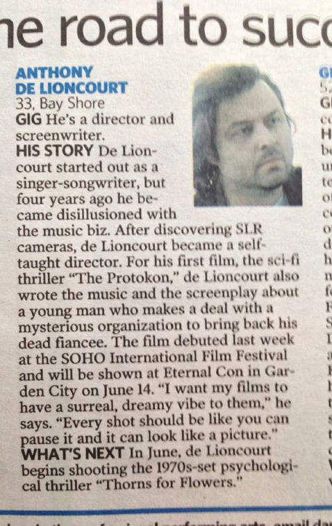 BeyondLockDoor's tweet photo. On newsstands today! An article about @theprotokon &amp; director Anthony de Lioncourt in today's issue of @Newsday http://t.co/k6UMomiLAd