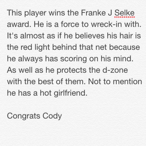 IFHL_Skss's tweet photo. Franke J. Selke Award (top defensive forward) @Cody_Kirbyson http://t.co/et5HWjs8Jw