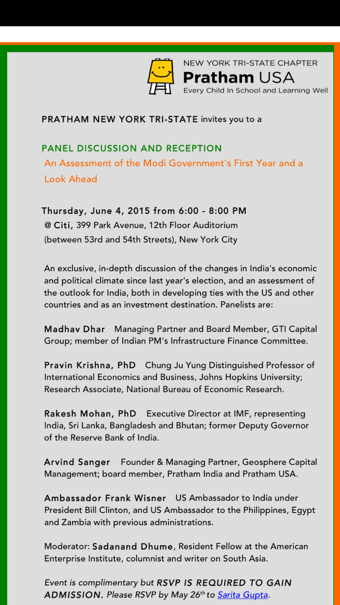 dhume's tweet photo. NYC Event: I'm moderating a discussion on #ModiAtOne in New York on June 4th. [RSVP required] cc: @prathamusa http://t.co/iA9GNKR8Cl