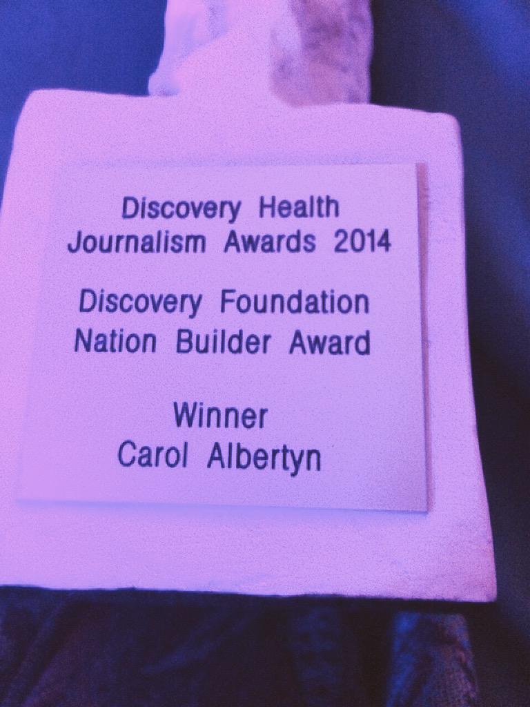 AmaliaChrist's tweet photo. Another award for @carteblanchetv! @CarolAlbertyn wins tonight @Discovery_SA media awards for @SunflowerFund story http://t.co/bV6k4DCwtp