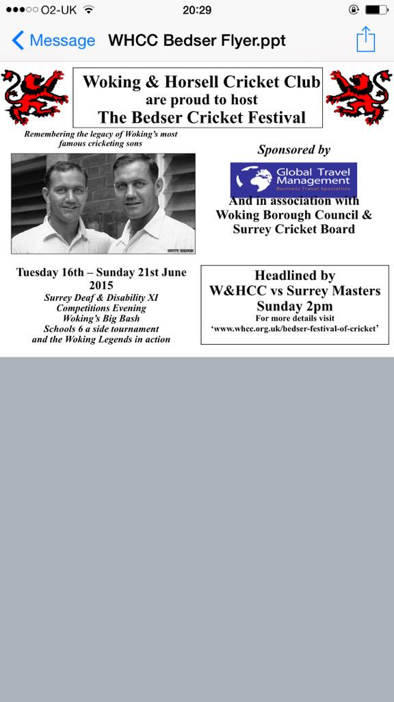 WHCC1905's tweet photo. It's an exciting time at W&amp;H. Less than three weeks to go until the Bedser Cricket Festival! #Woking http://t.co/F0vwqSRQTu
