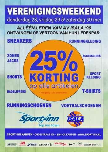 Bij <a href="/SportinnKampen/">Sport-inn Kampen</a> belooft het een grandioos 'verenigingsweekend' te worden! 25% korting! Jij komt toch ook!