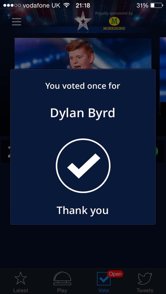 chloe31x's tweet photo. Voted for #DylanByrd @BGT http://t.co/yvXckSG7wF