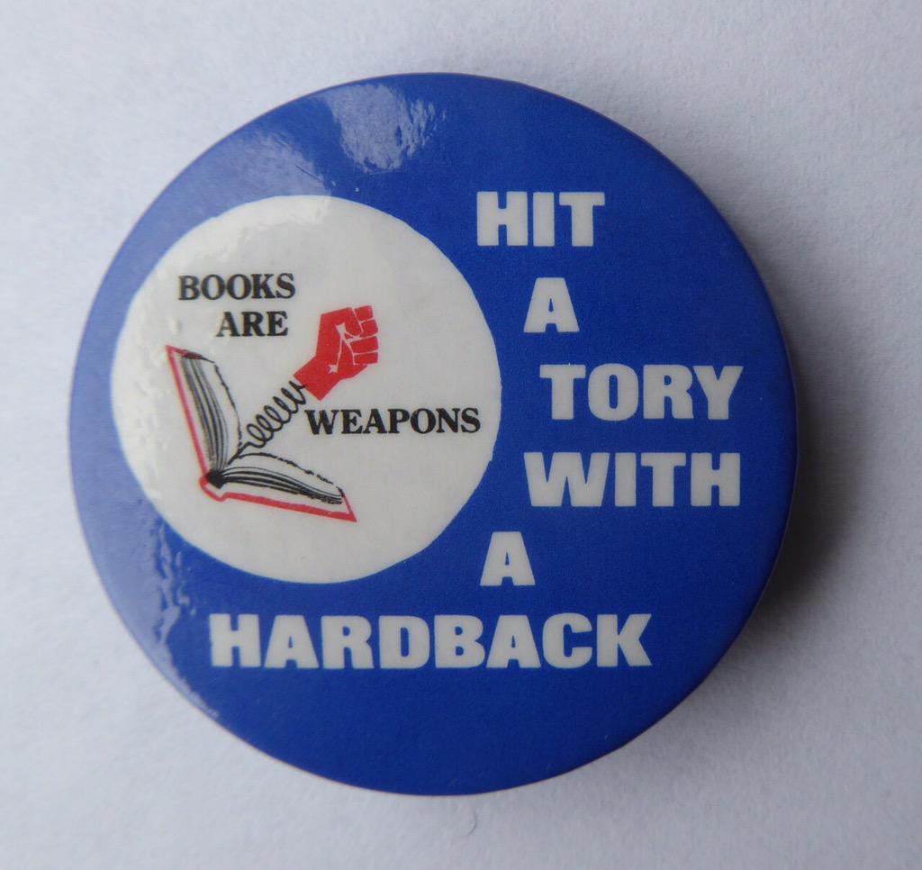 Cool thing of the day: Sassy, lit-based British Socialist Party pin from the 80s #BooksAreWeapons