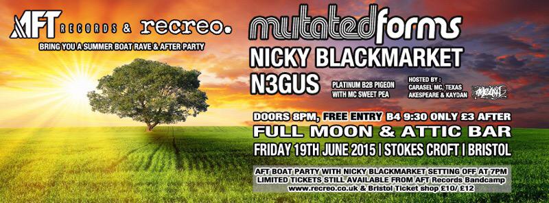 AFTrecords's tweet photo. 19th June! Boat party and After Bash! Headliners @nickyblkmkt @mutatedforms @N3GUS free entry, Attic Bar, Bristol http://t.co/ZzpSutFlsQ