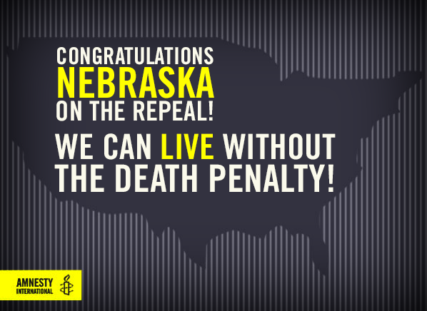 amnestyusa's tweet photo. GREAT NEWS: With 30-19 vote, #Nebraska Becomes the 19th US State to Abolish the #DeathPenalty! http://t.co/HFztUwr4OP http://t.co/SqA5G3h8LS
