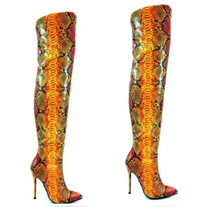 SWAttitude's tweet photo. Fierce 11 
Orange Python Snakeskin Knee High Boot 4.5 inch heel
.Tag a.friend and like
#Boots 
#shoeswithatttitude http://t.co/U7uU61aWev