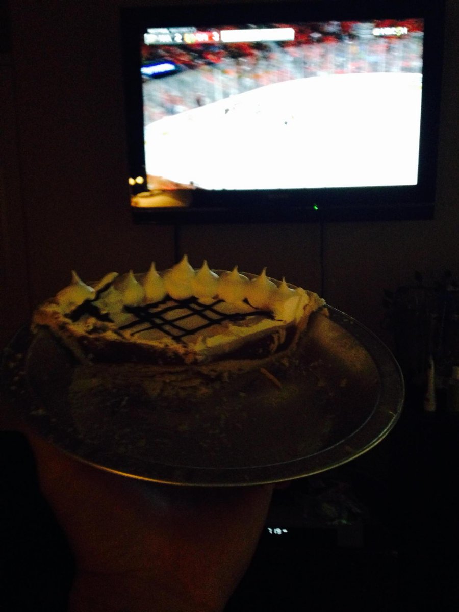 eating chocolate cream pie out of the tin for dinner and watching some playoff hockey... why?