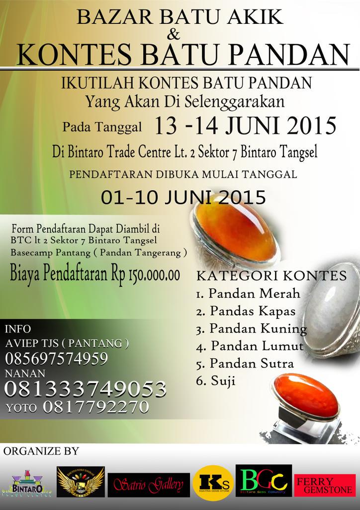 Ayo ikuti kontes batu pandan yang akan di selenggarakan di BTC lt 2 sektor 7 Bintaro Tangsel...