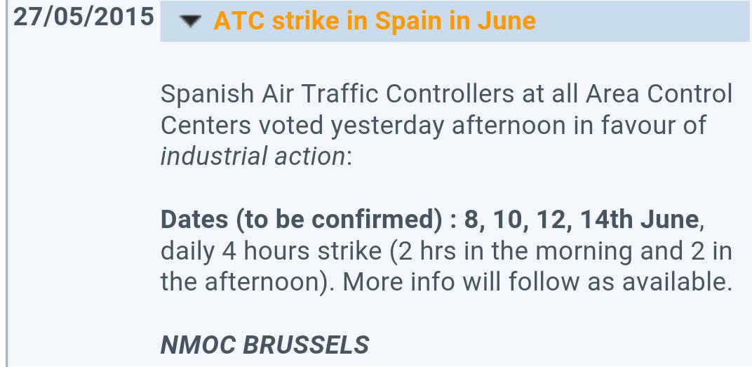 eurocontrol's tweet photo. Possible industrial action in Spain in June See this headline from our NOP http://t.co/AemUZwiJLA http://t.co/iNfSpDufpz