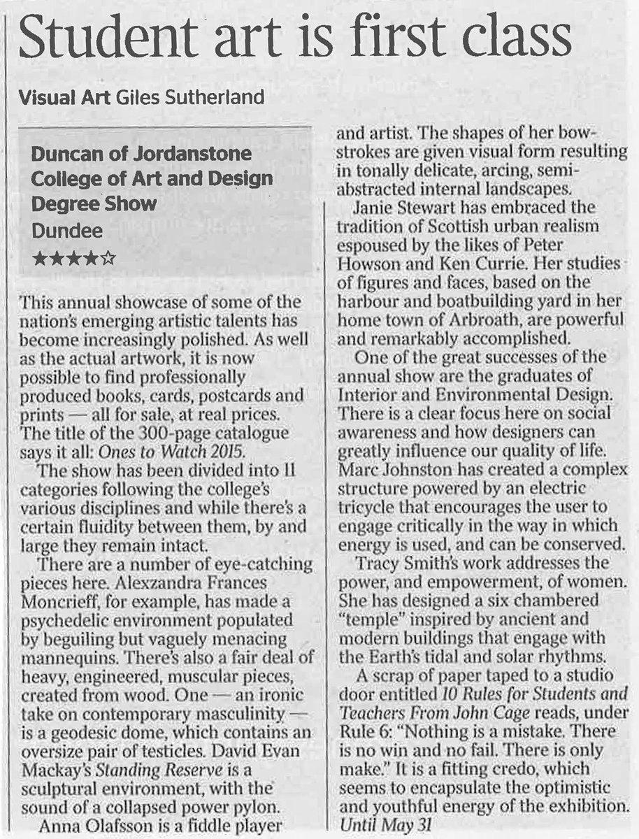 .<a href="/InteriorsDJCAD/">Interiors DJCAD</a> <a href="/_IED15/">_IED15</a> <a href="/DJCAD/">DJCAD, UoD</a> Degree Show review in The Times with <a href="/tracySMITHdzn/">Tracy Smith</a> &amp; Marc Johnston's work mentioned.