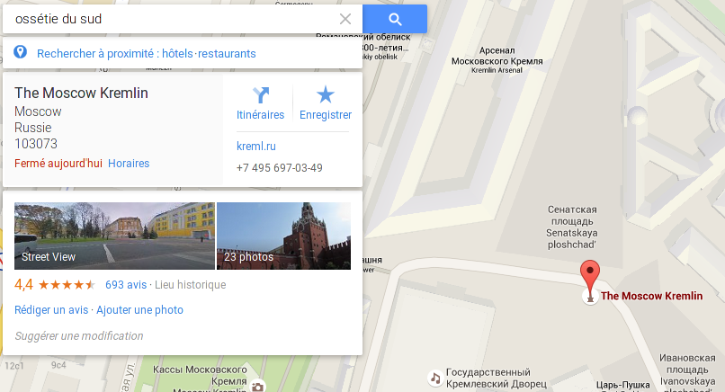 pictuga's tweet photo. "Ossétie du Sud" sur Google Maps renvoie vers le Kremlin http://t.co/VxbLCfOmXa