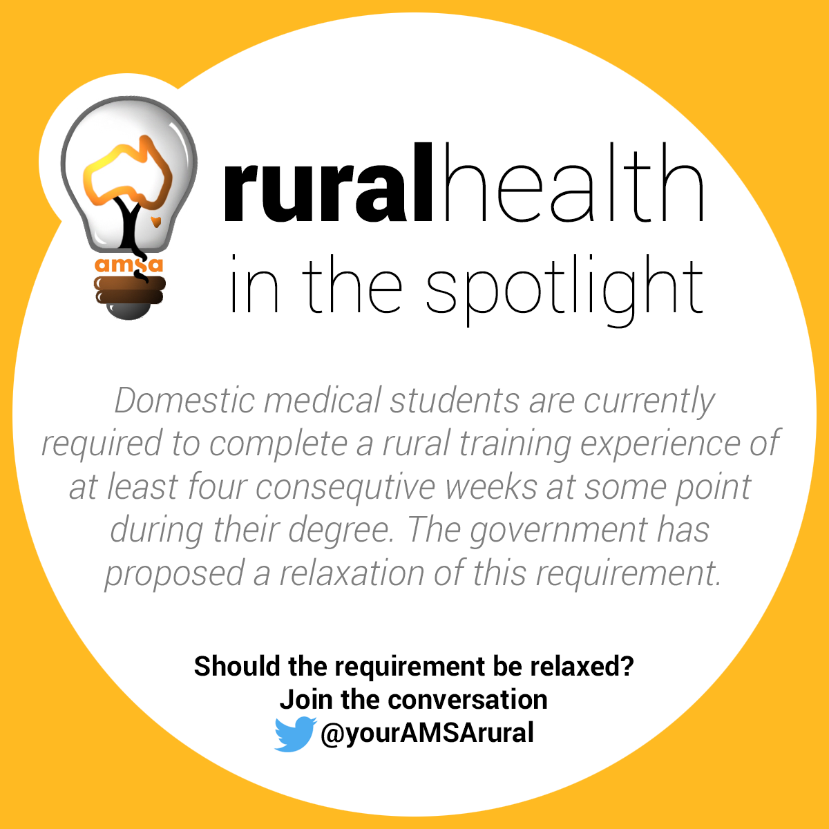 yourAMSArural's tweet photo. Do you believe all students should be required to complete a #rural rotation? Let us know your thoughts #4weeksrural http://t.co/mPtbcaDVtK