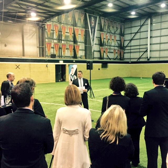 PAFC's tweet image. Our Chief Operating Officer @sjdawesa talking to guests at tonight's @BeyondBank event @PAFC indoor area.