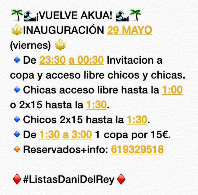 RRPPDelRey's tweet photo. Mañana no faltes a la inauguración  de #Akua !!!🔵#ListasDaniDelRey🔵 http://t.co/1fodVNSILM