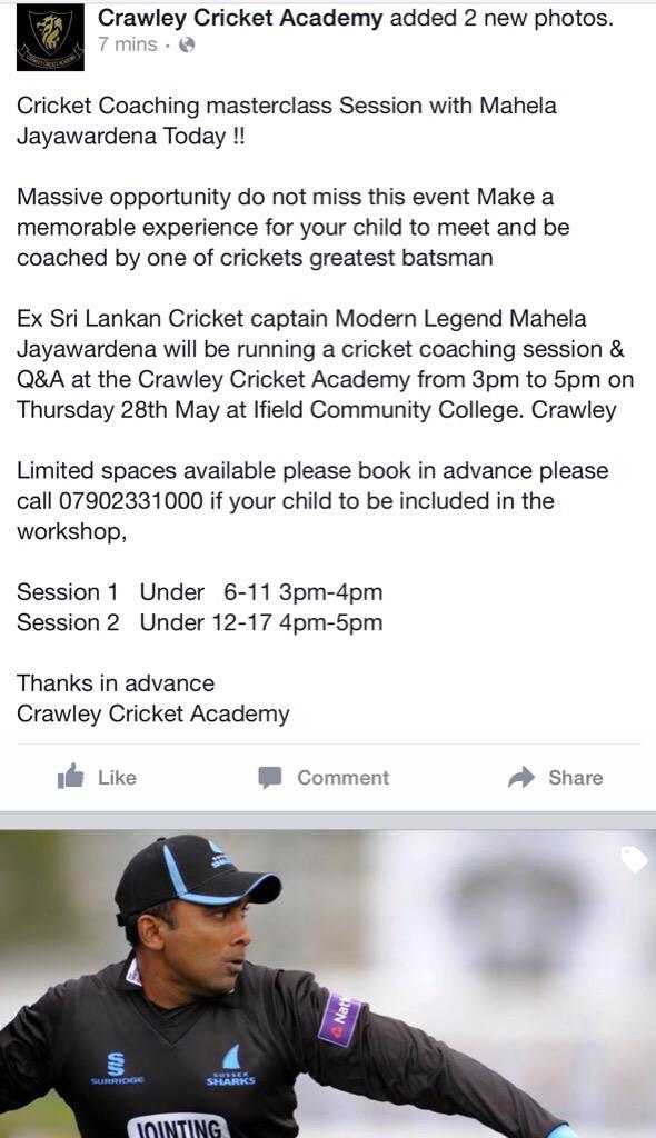 CrawleyCricACA's tweet photo. It's Today Cricket Coaching masterclass Session with Mahela Jayawardena call to reserve   07902331000 @CrawleyCricACA http://t.co/7ETCEfSCZj