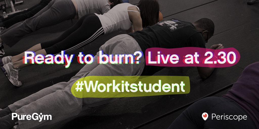 PureGym's tweet photo. The clock is ticking. See you there at 2.30. #Periscope #Workitstudent http://t.co/CwEXNNxeg5