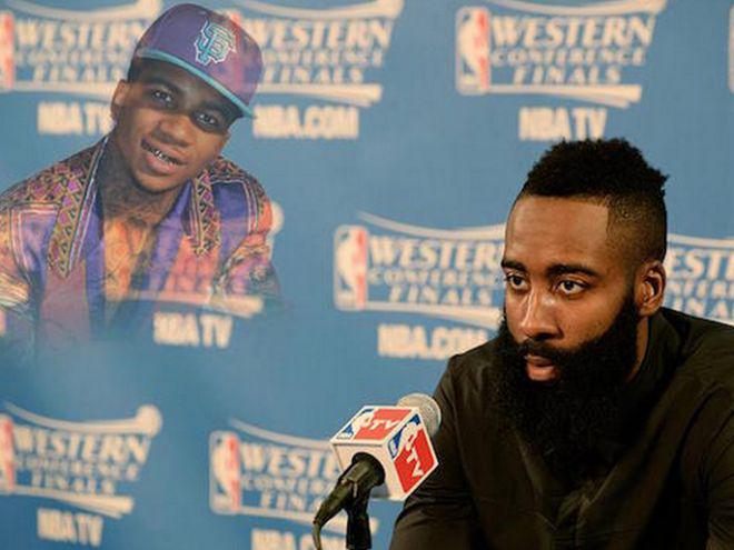 VH1's tweet image. . @LILBTHEBASEDGOD ​cursed @JHarden13​ + the internet had the best reaction memes! 😂😂😂 on.vh1.com/1JX9WC2