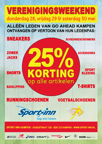 25% korting voor Go-Ahead leden bij Sport-Inn Kampen op 28, 29 en 30 mei