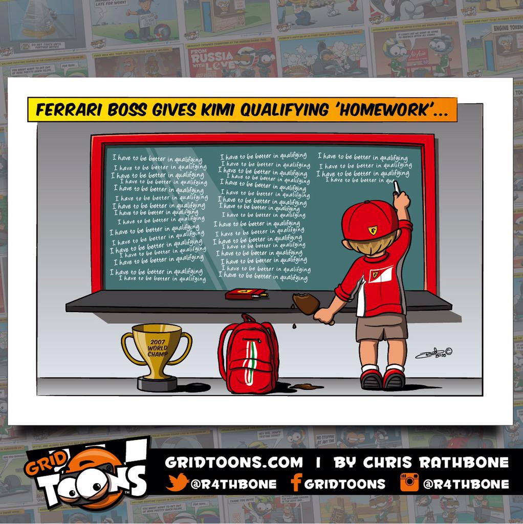 R4THBONE's tweet photo. #KimiRaikkonen is given 'Homework' by @ScuderiaFerrari. @CroftyF1 @tedkravitz @Sky_Tanja @suziperry #Kimi7 #GridToons http://t.co/PAohOXQrA6