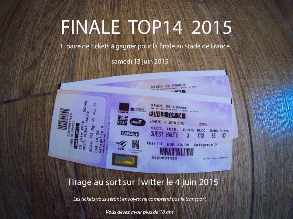 Je vous offre une paire de ticket pour la finale du #top14! Follow et RT pour une chance de gagner. Bonne chance!