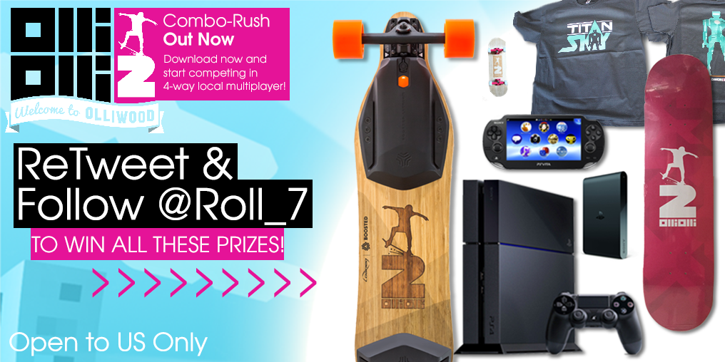 Roll_7's tweet image. RADICAL GIVEAWAY! Win OlliOlli2 @BoostedBoards @PlayStation prizes! RT, Follow us to win! T&amp;amp;C: bit.ly/ComboRushComp