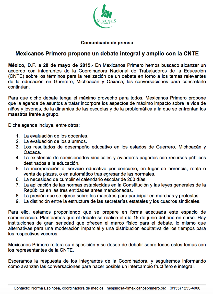 #Hoy Boletín de prensa ↠ Invitación a <a href="/CNTEMX/">Magisterio Democrático</a> a un debate integral y amplio.
