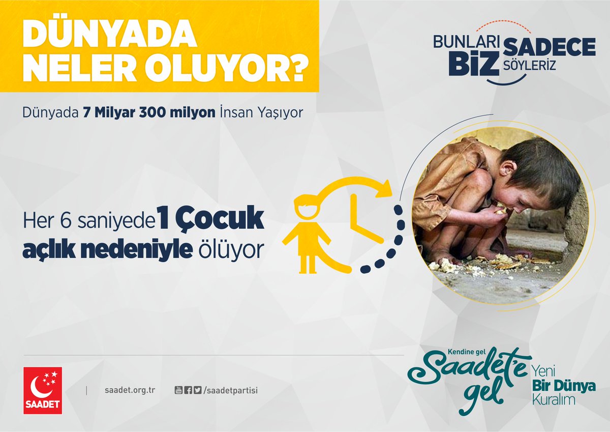 DÜNYADA NELER OLUYOR?

Her 6 saniyede 1 çocuk AÇLIK nedeniyle ölüyor.