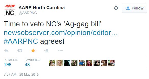 .<a href="/AARPNC/">aarpnc</a> joins ever-growing list calling on <a href="/PatMcCroryNC/">Pat McCrory</a> to veto the anti-whistleblower bill on his desk. #NCAgGag