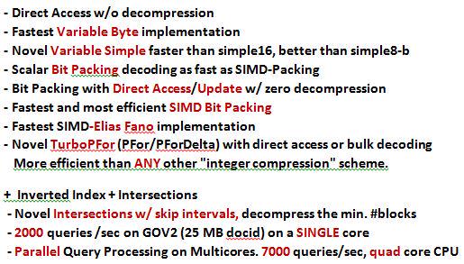 powturbo's tweet image. TurboPFor: #IntegerCompression+#InvertedIndex.Parallel Query Processing: &amp;gt;7000 q/s (25M GOV2) github.com/powturbo/Turbo…