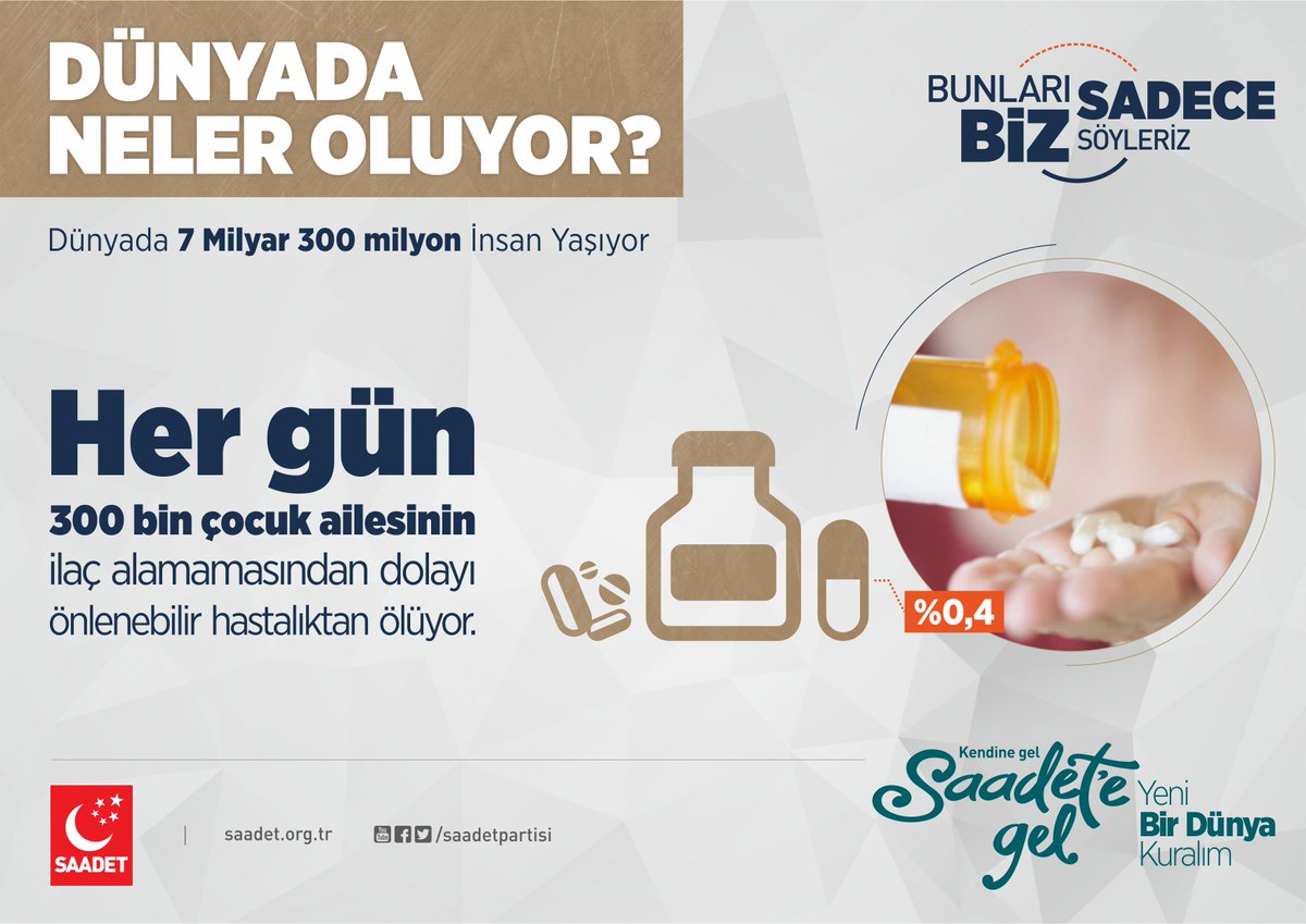 SaadetPartisi's tweet photo. DÜNYADA NELER OLUYOR?
Her gün 300 bin çocuk ailesi ilaç alamadığı için önlenebilir hastalıklardan dolayı ölüyor. http://t.co/P3W6o0YMJo