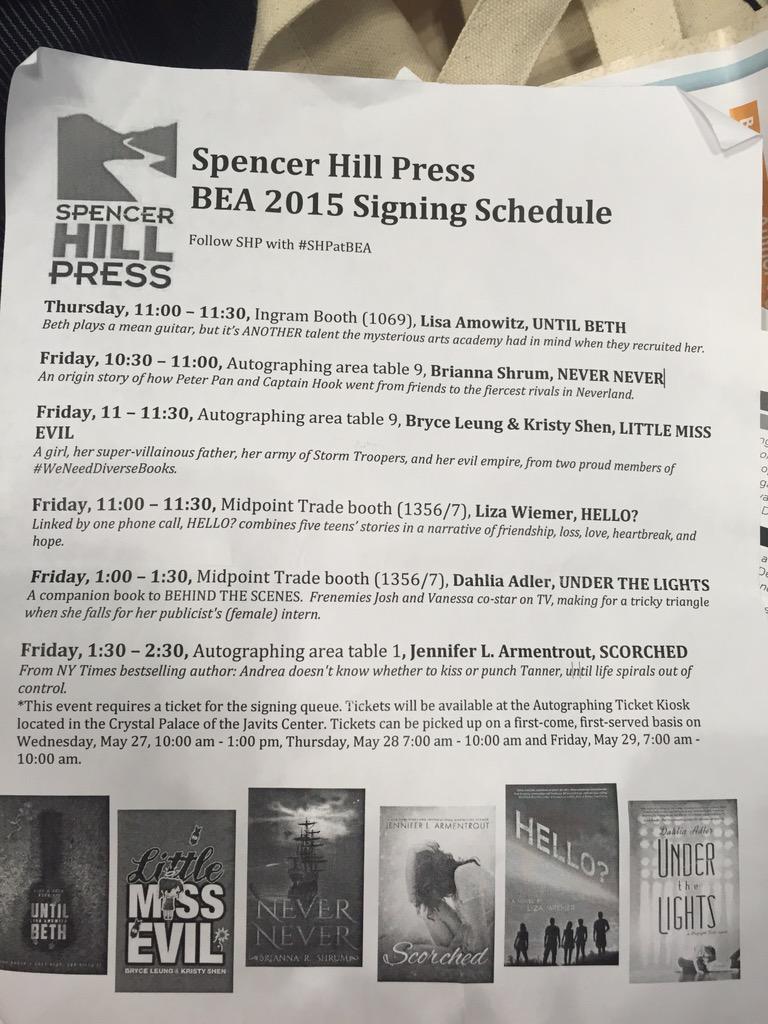 ReadingWithMeSH's tweet photo. #BEA15 @SpencerHillP scedule! We're excited about @MissDahlELama and @BriannaShrum! What about you? http://t.co/zIjfMJZr1c