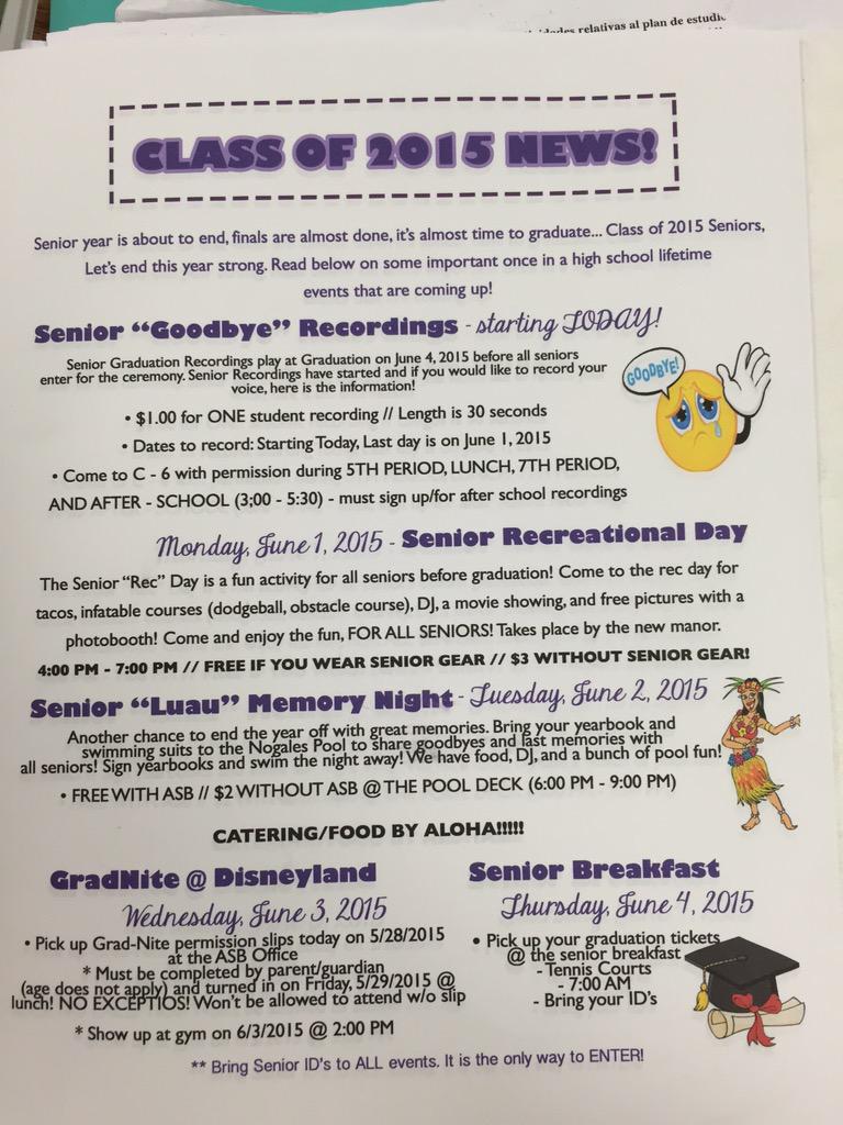 Nogales2015's tweet photo. SENIOR NEWS‼️💜
Come pick up your GRADNITE permission slips at ASB today during Lunch! DUE TOMORROW! http://t.co/qFWWhHW08N