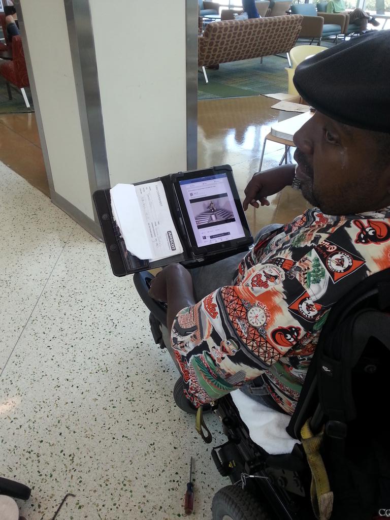 LifeEnablingTec's tweet photo. Installed the first prototype.  First client is ecstatic to have someplace for his iPad. @TBStartupQuest @tbinnovates http://t.co/O7M0NuJX6S