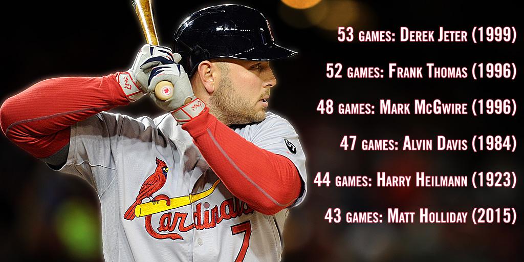 MLBStats's tweet image. Matt Holliday’s streak of 43 straight games on base to open a season is 6th longest since 1914 &amp;amp; longest of 2000's.