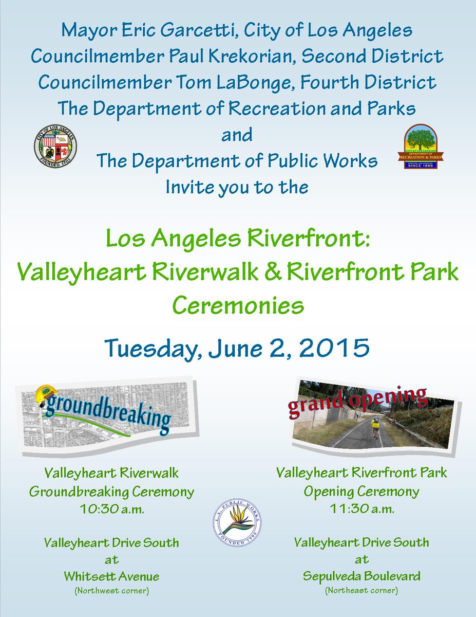 laparksfndtion's tweet image. Join @LAMayorsOffice, @LACityParks, @TomLaBonge &amp;amp; @PaulKrekorian Valleyheart Riverwalk &amp;amp; Riverfront Ceremonies 6/2/15