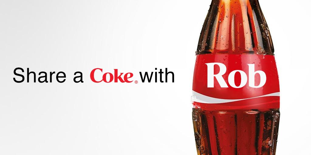 CocaCola's tweet image. Hey Rob, #ShareACoke is back! You can order bottles labeled with your name. Get yours now: bit.ly/1BcGuAA