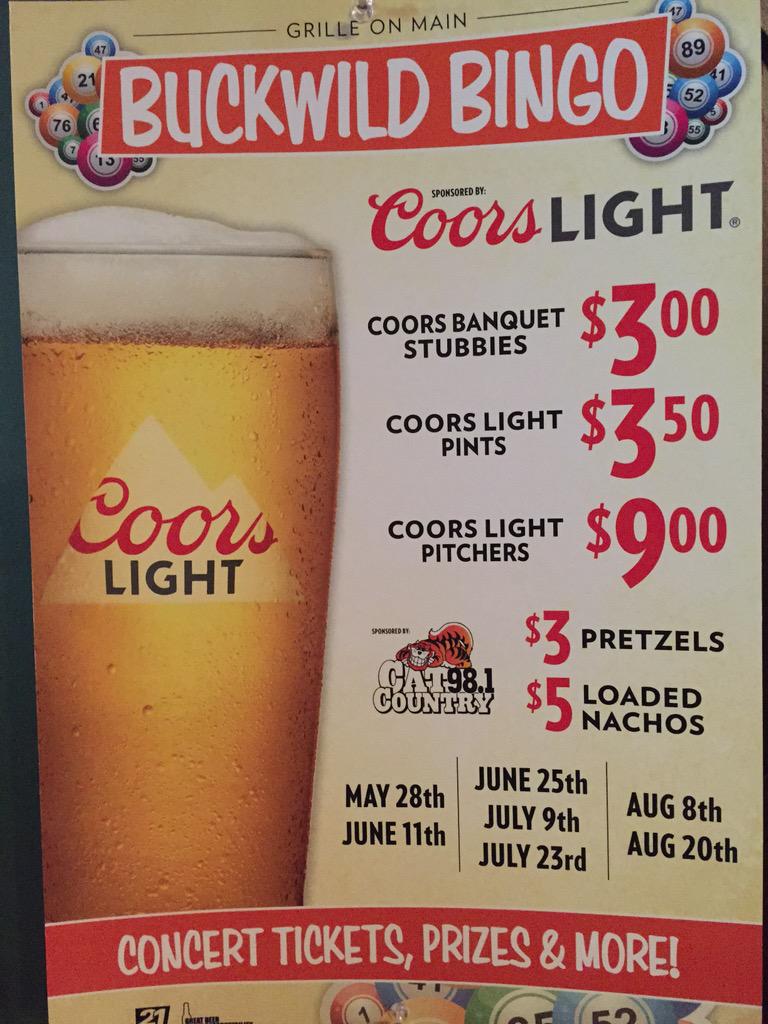 TheGrilleonMain's tweet photo. Join us tonight for Buckwild Bingo sponsored by @CoorsLight and @CatCountry981 . http://t.co/zx7QS9hCFW