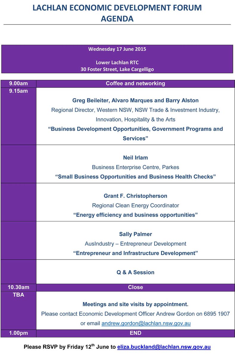 Lachlan Economic Development Forum, Wednesday 17th of June at the RTC, 30 Foster Street, Lake Cargelligo.