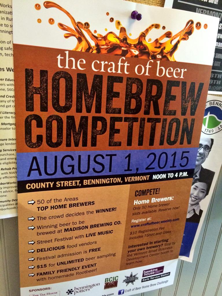 TownofBenn's tweet photo. The Craft of Beer Home Brew Competition. Aug 1st on County St.  #VTBeginsHere #Bennington #Vt http://t.co/5AG0l5q4lI