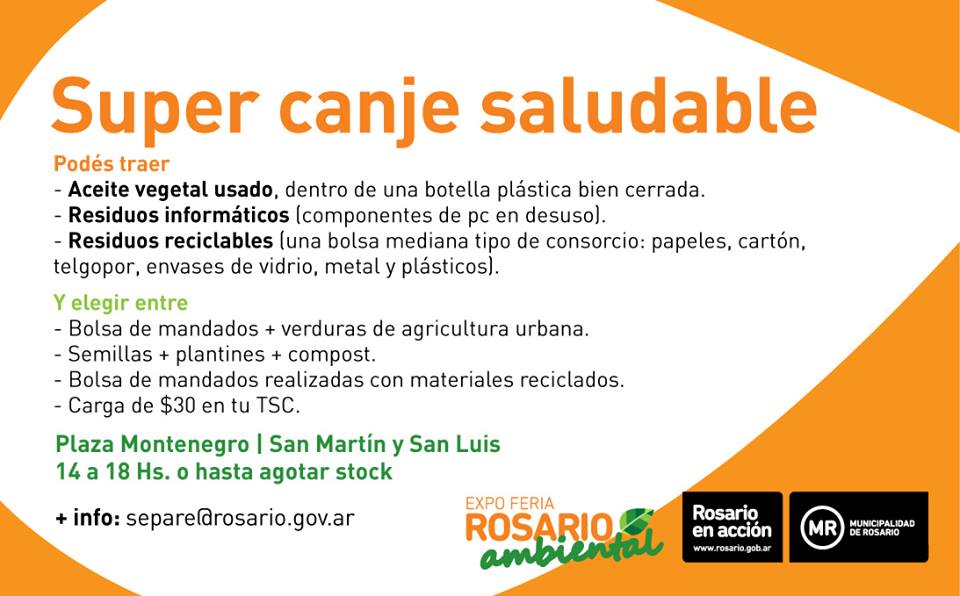 MuniRosario's tweet photo. #MAÑANA #PlazaMontenegro #SuperCanjeSaludable Podés traer reciclables, aceite vegetal usado o residuos informáticos http://t.co/SdHz6YEkCB