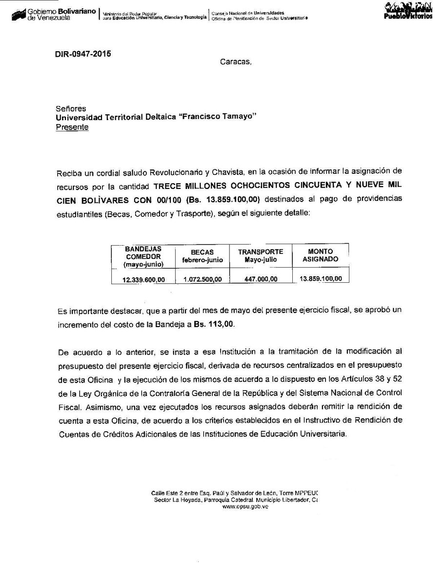 JEHYSONGUZMAN's tweet photo. Transferidos Bs. 13.859.100,00, para el pago de los servicios estudiantiles (Becas, Comedor y Transporte) #UTDFT http://t.co/oJT0cUr6Eh