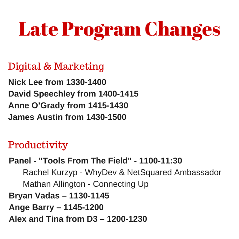 ConnectingUp's tweet photo. Due to unforeseen circumstances, there are a couple of late changes to the program. Please share around. #CUconf15 http://t.co/qTwrvZh0MA