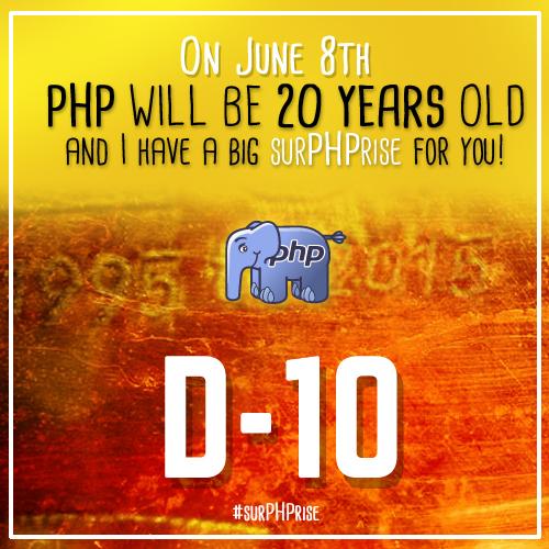 elePHPant_off's tweet photo. D-10: On June 8th, PHP will be 20 years old and I have a big #surPHPrise for you! #php :-) PHPlease RT ... http://t.co/Ky2hBXJyz5