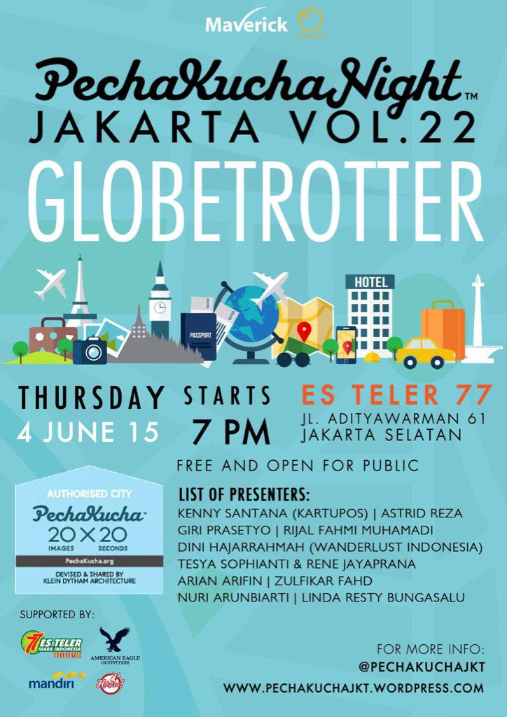 KartuPos's tweet photo. Ayo ke #PechaKuchaVol22 bertema GLOBETROTTER Kamis depan. Ada KartuPos &amp; banyak pembicara lain! Info: @pechakuchajkt http://t.co/TA0rC9aA34