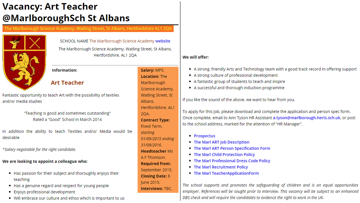 ukedchat's tweet photo. #UKEdjobs Vacancy: Art Teacher @MarlboroughSch St Albans http://t.co/Fa2X6cBd4T #ukedchat http://t.co/7X4Dum0QwV