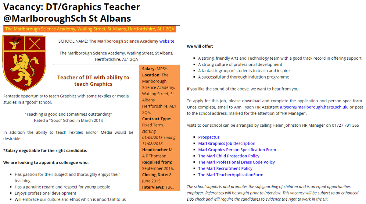 ukedchat's tweet photo. #UKEdjobs Vacancy: DT/Graphics Teacher @MarlboroughSch St Albans http://t.co/AG9iYXFgs2 #ukedchat http://t.co/Xz3JXvTuN5