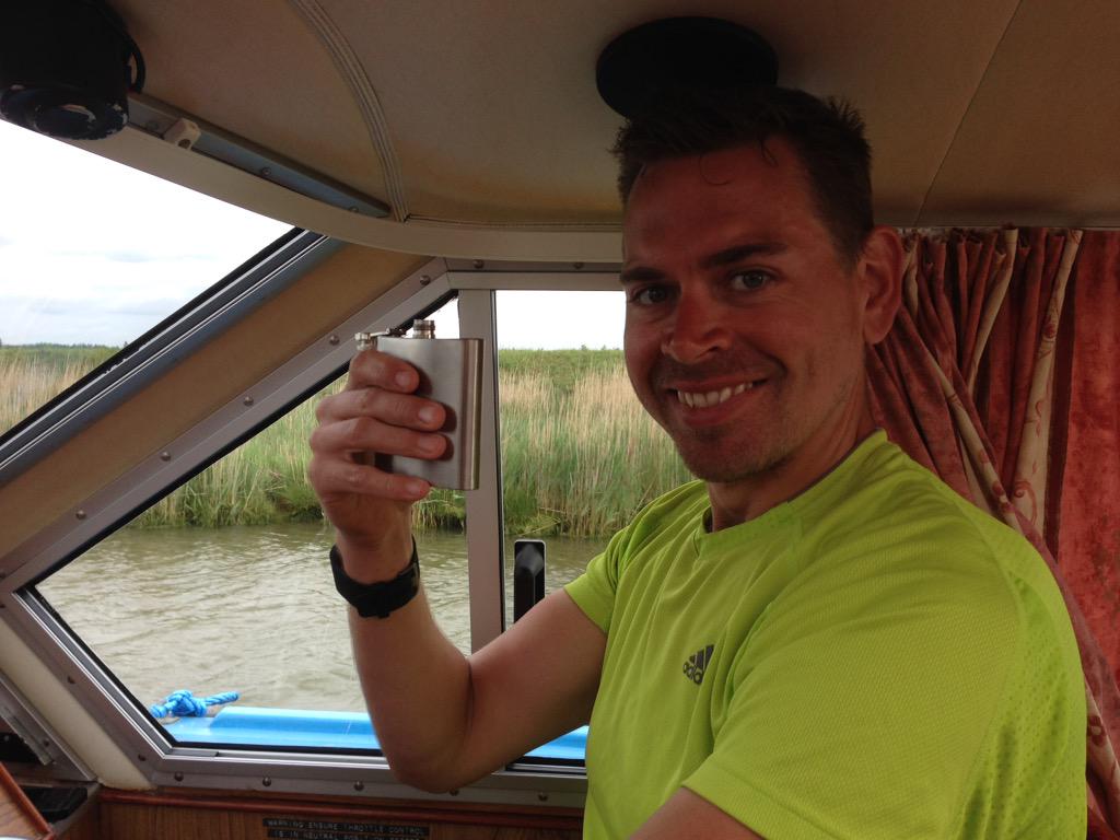 PaulaLetts72's tweet photo. Glug of whiskey at 9:15am! @d_d_danny   Lairy and in charge of our trip to Horning! #jollyroger http://t.co/brMZOuZAI3