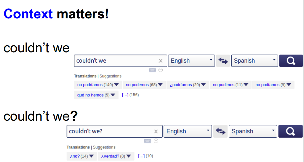 Prompsit's tweet image. Context matters! See different suggestions for "couldn’t we" or "couldn’t we?" #CULT2015 #xl8 #t9n @Reverso_ES