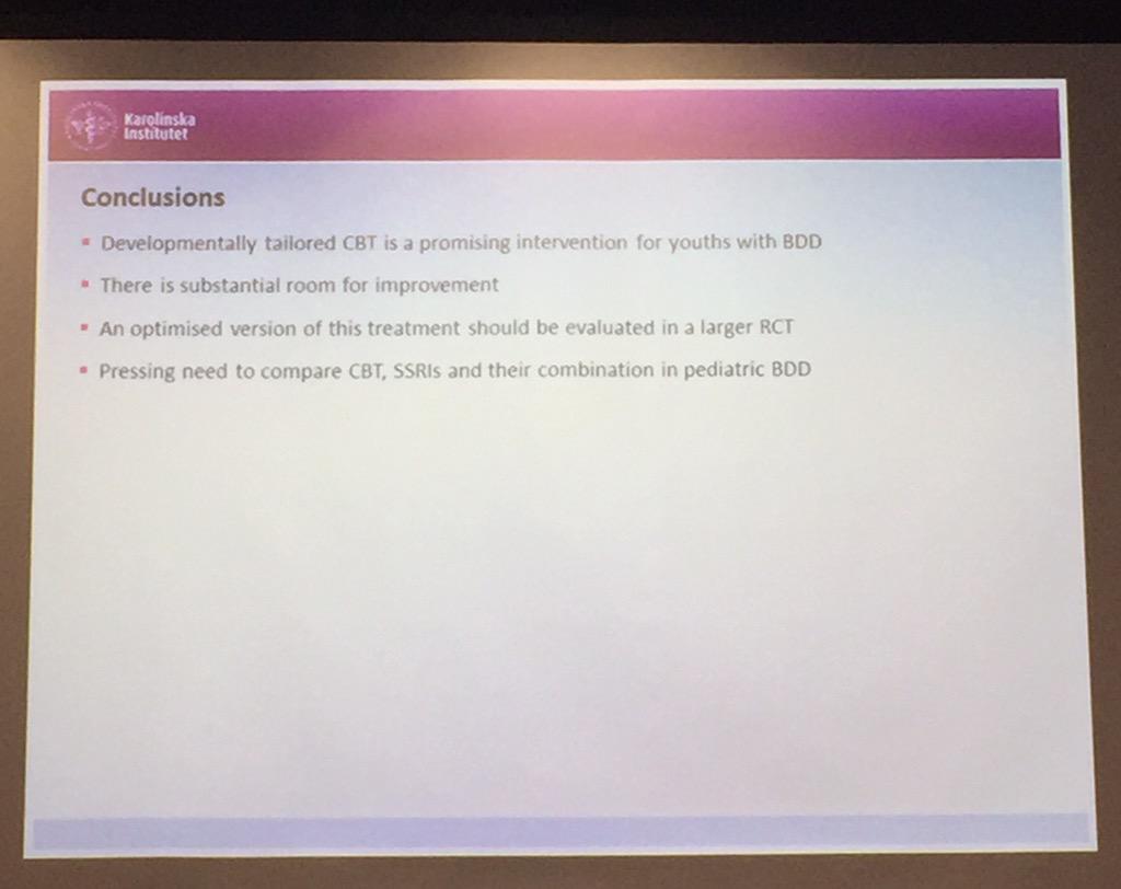 LorenaFdelaC's tweet photo. Some more additional comments on the RCT for adolescents with #BDD presented by David Mataix-Cols #BDDResearchDay http://t.co/YzmqMbTAKU